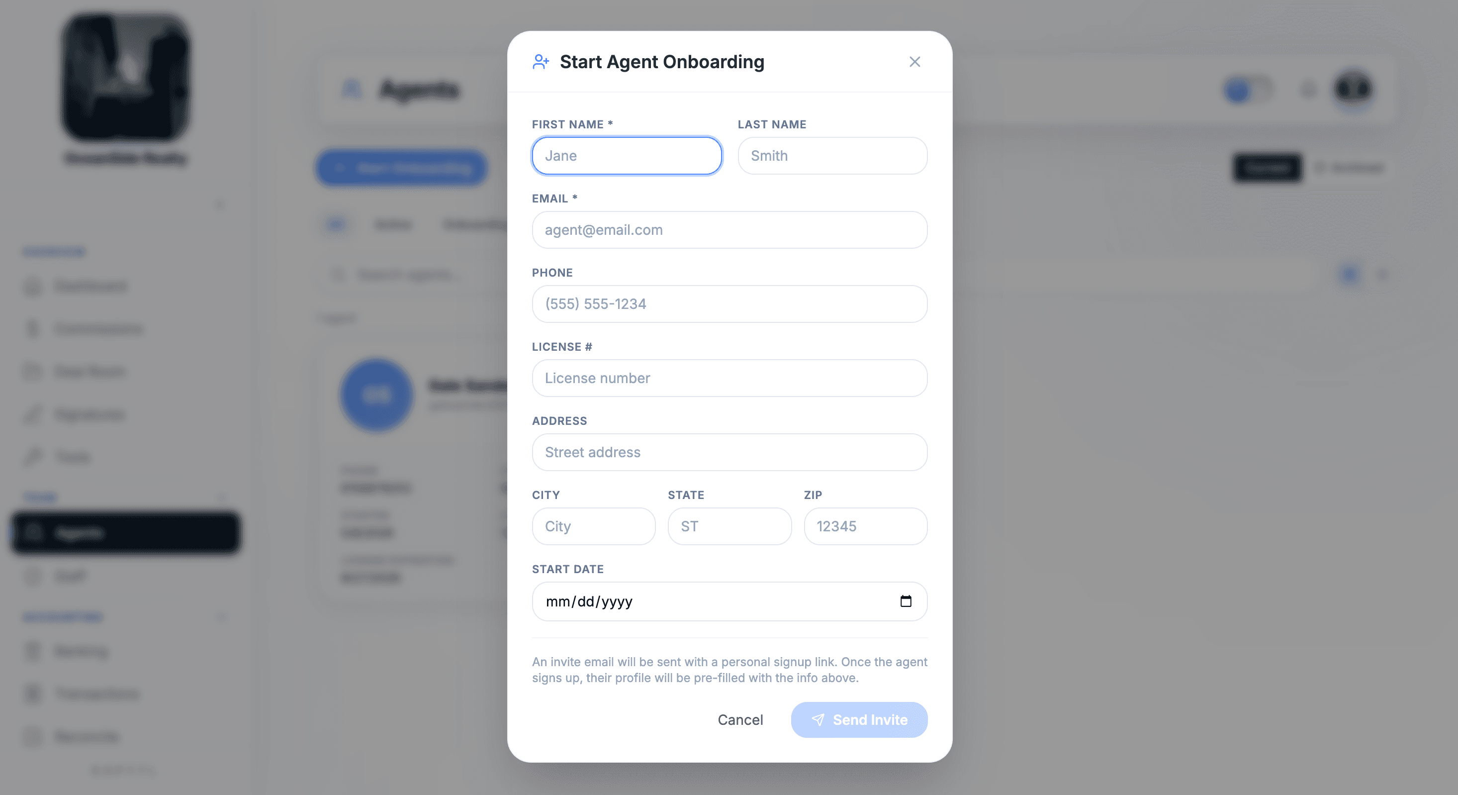 Start Agent Onboarding modal capturing license and contact info