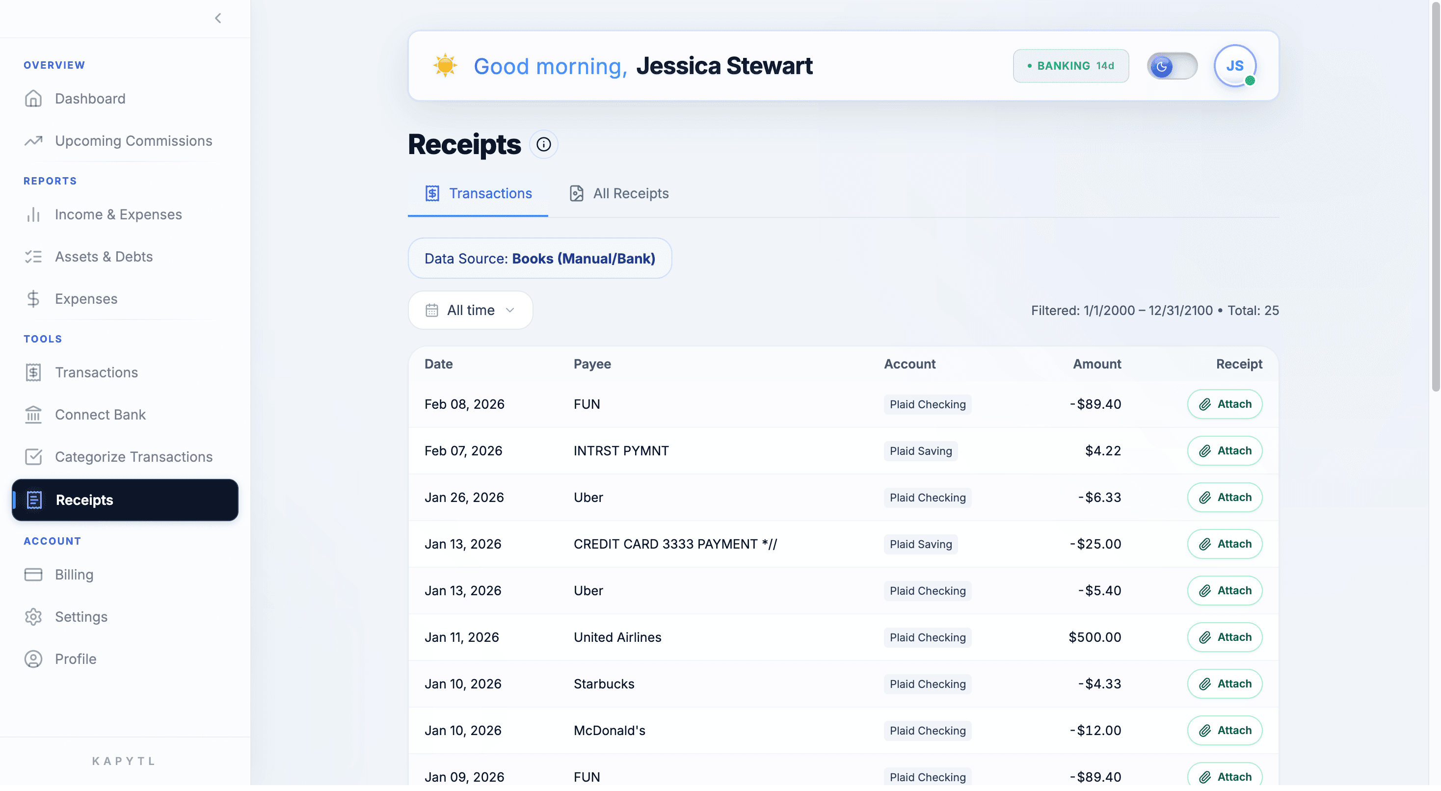 Receipts attached to transactions
