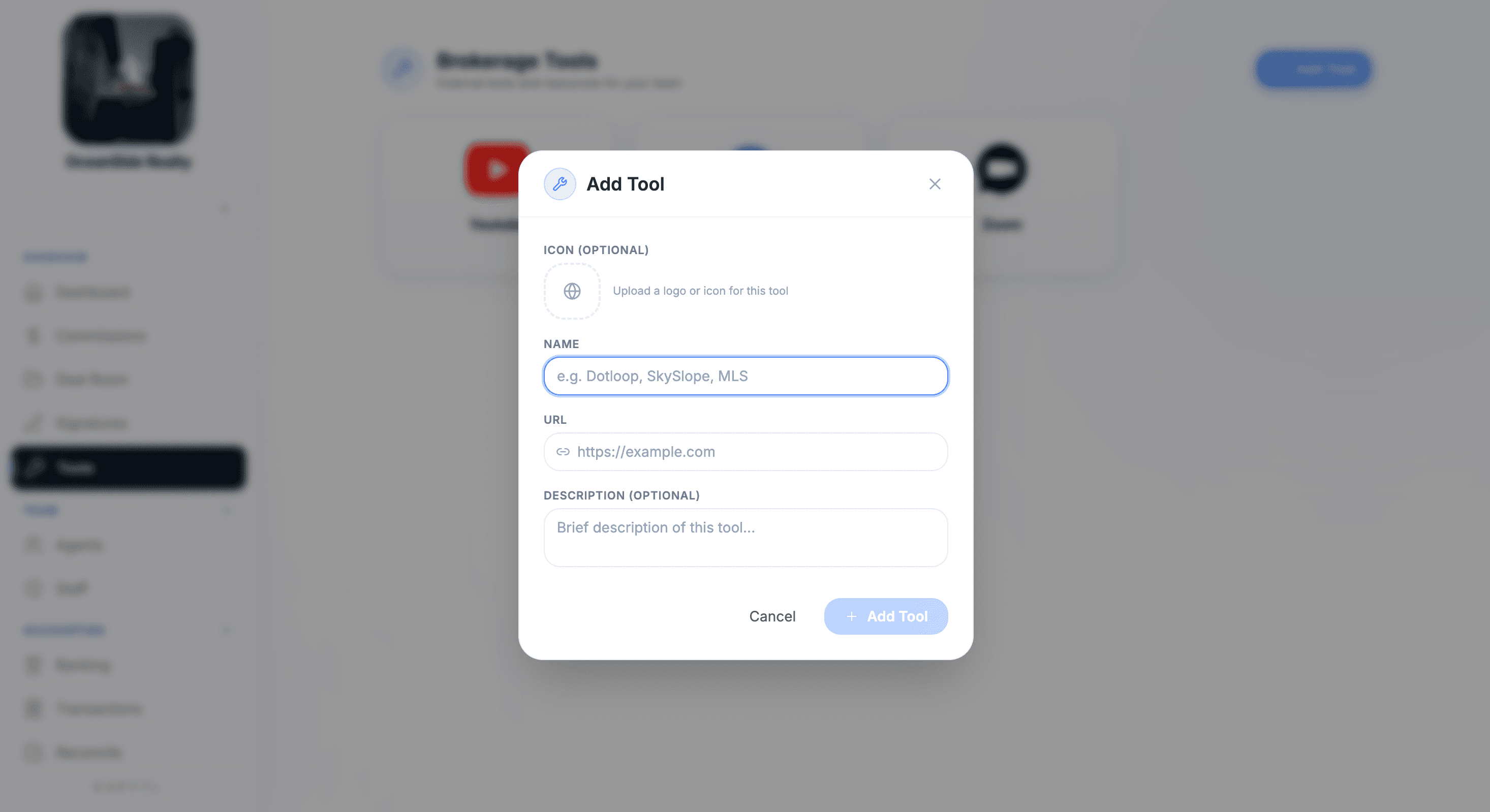 Add Tool modal with icon, name, URL, and description fields