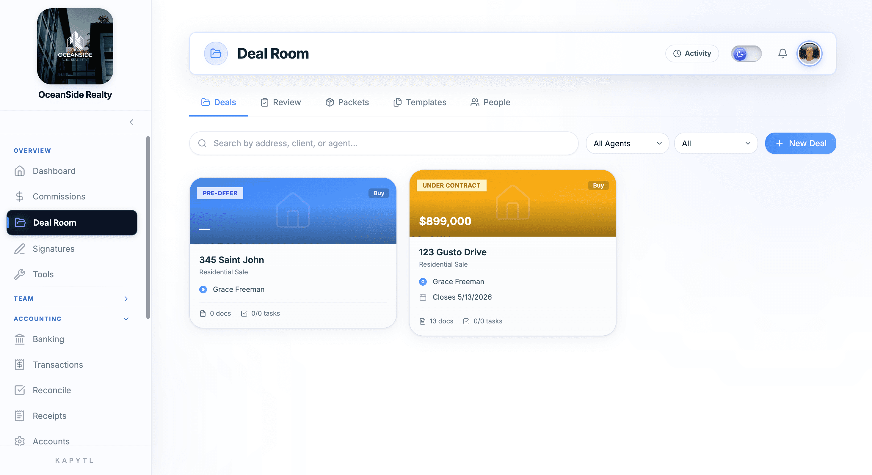Deal Room with active deal cards
