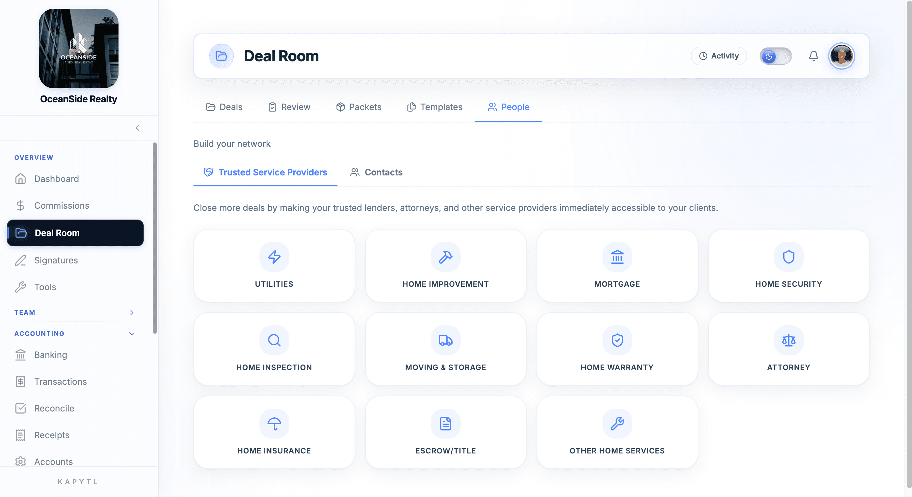 Trusted service providers tab in the Deal Room