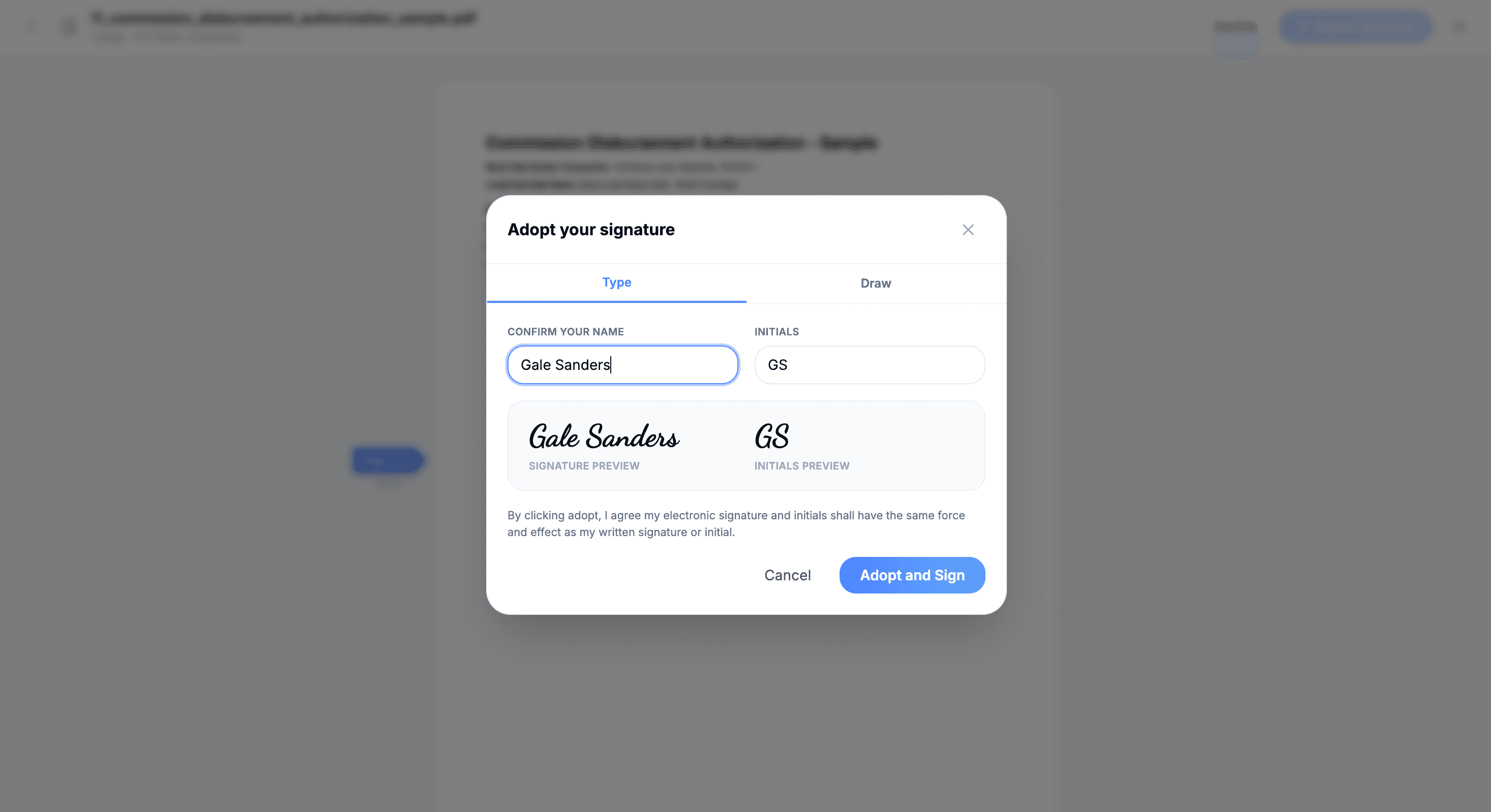 Adopt signature modal with Type and Draw options