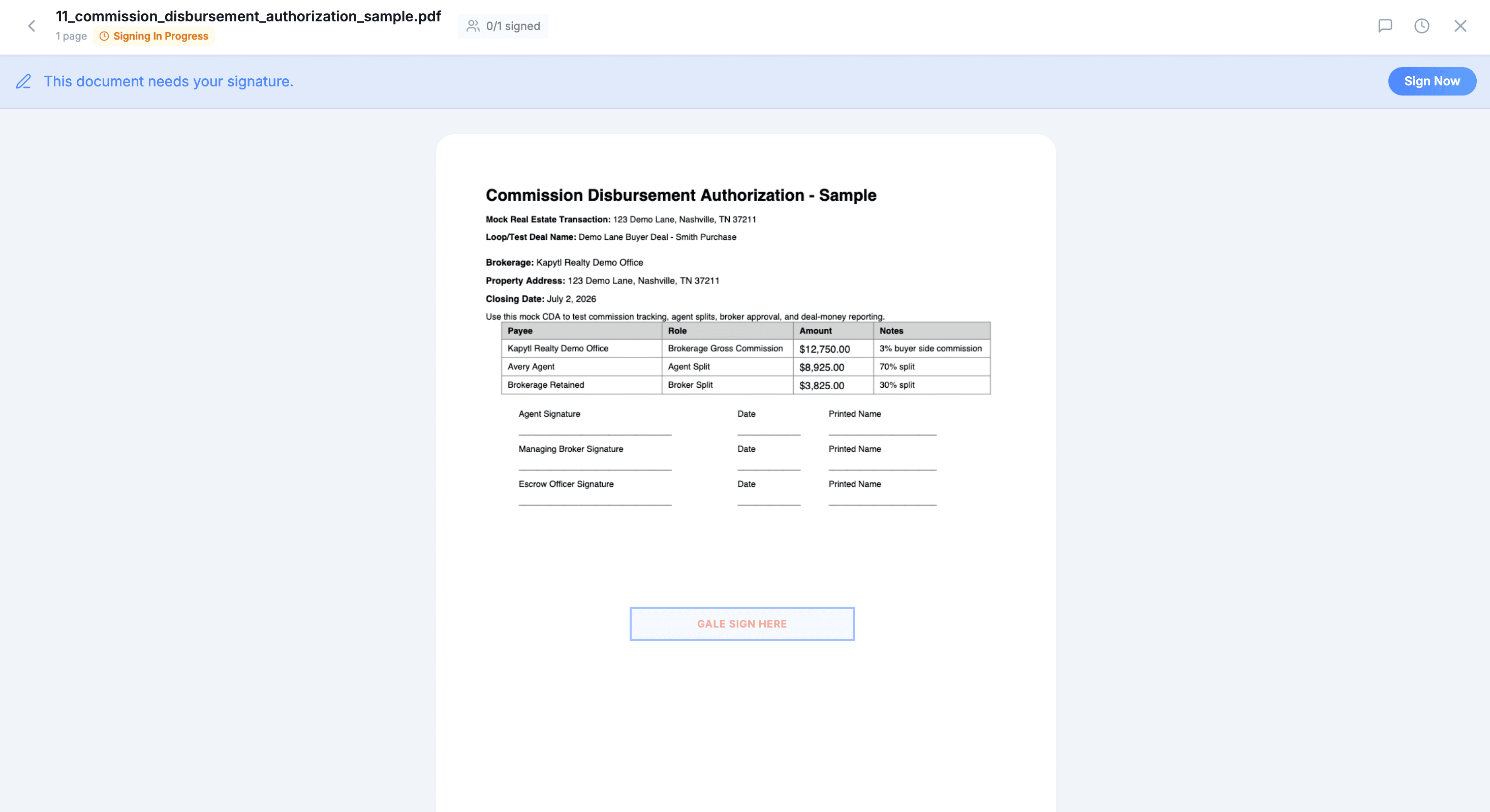 Kapytl signer view with document and Sign Now button