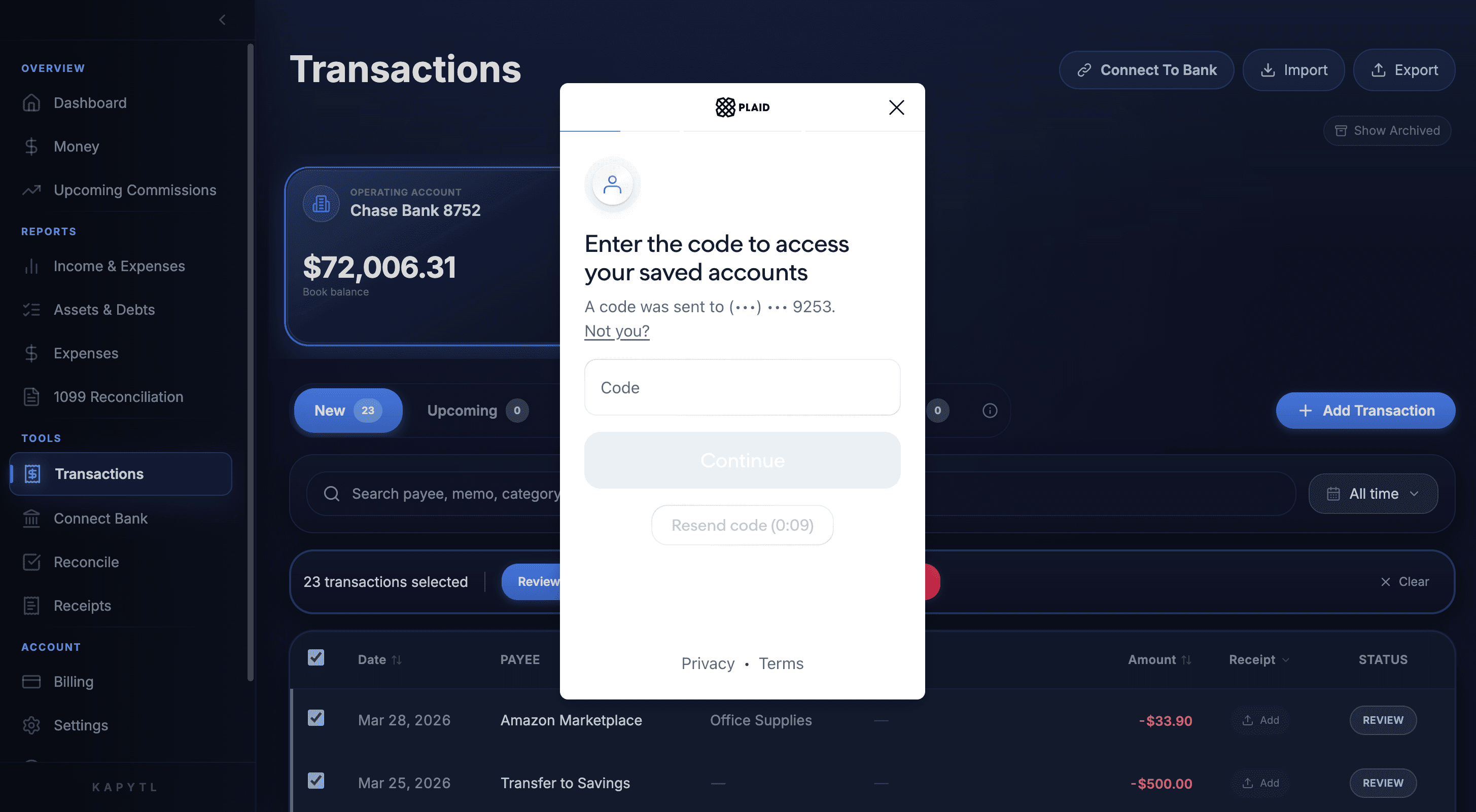 Plaid bank connection in Kapytl