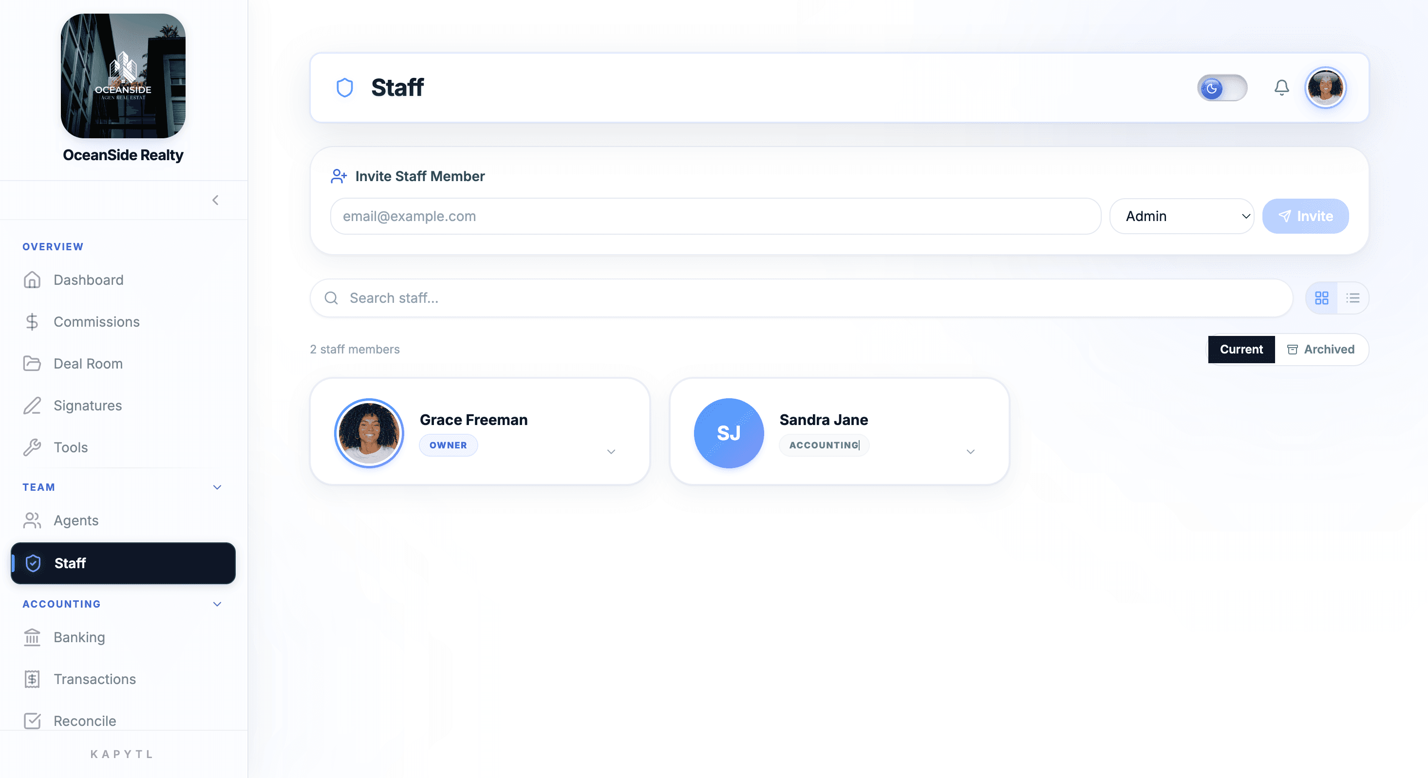 Staff page with Owner and Accounting role badges