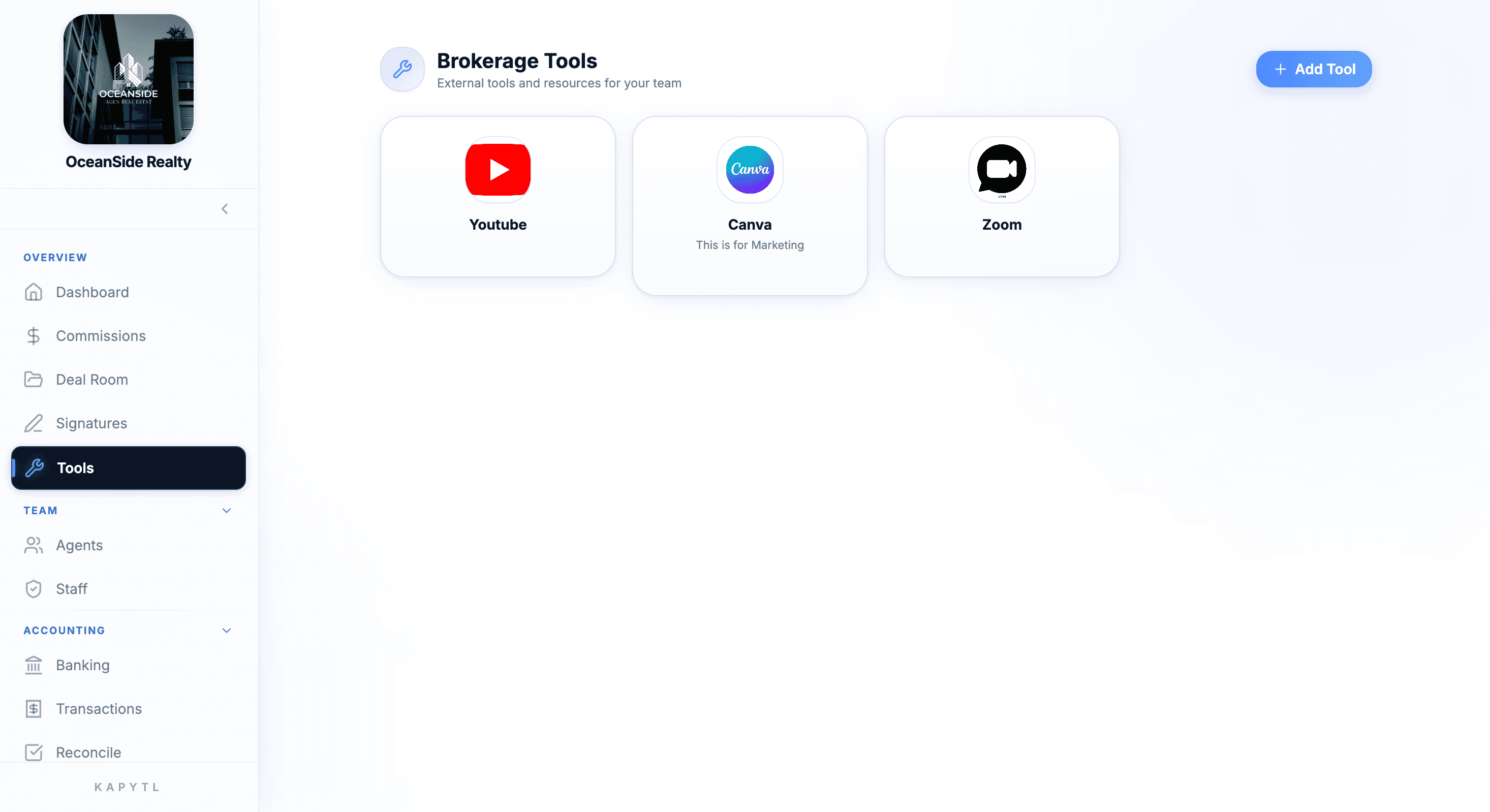 Brokerage Tools launcher with Youtube, Canva, and Zoom cards